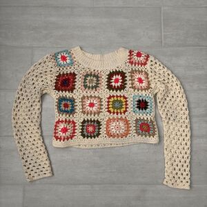 Debut Crochet Sweater Small CottageCore Granny Squares Patchwork Crop Top Unique